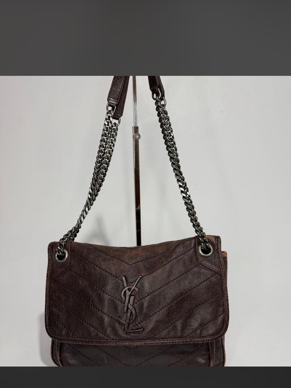 Yves Saint Laurent Dark Brown Quilted Leather Chain Shoulder Bag medium Nikki